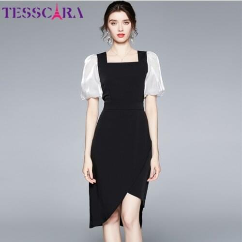 TESSCARA Women Summer Elegant Asymmetrical Dress Festa High Quality Office Lady Party Robe Femme Runway Designer Black Vestidos
