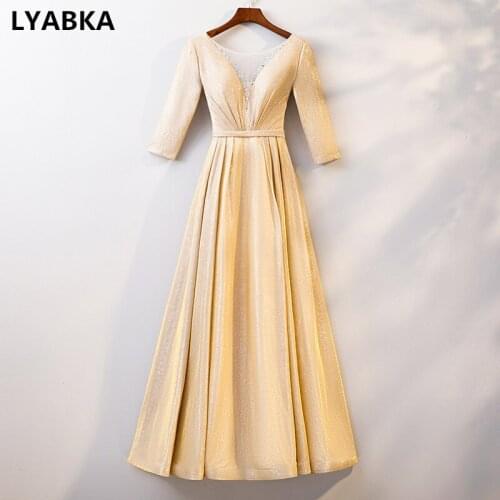 Scoop Neck Long Prom Dress Robe De Soiree Yellow Long Sleeve Prom Dresses Long Dress 2020 Vestido De Festa A-line Evening Gown