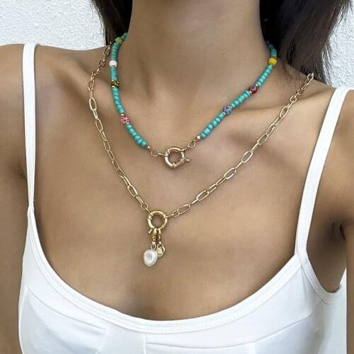 Vintage Beach Seed Beads Thick Chain Pearl Pendant Necklace for Women Multilayer Geometric Clavicle Necklace Collar Jewelry