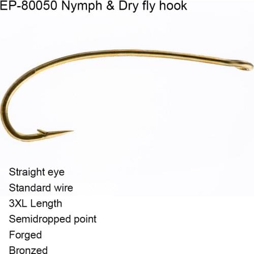 100pcs Eupheng EP-80050 Nymph Flies Dry Flies Fly Hook Standard Wire 3X Long Straight Eye Quality Bronze Color Fly Fishing Hook