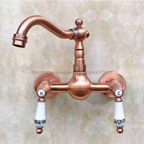360 Swivel Antique Red Copper Bathroom Basin Tap Dual Handles Wall Mounted Kitchen Basin Sink Mixer Faucet Nrg033