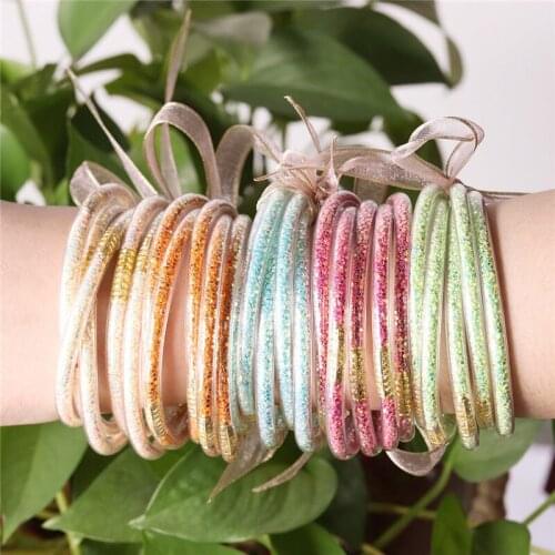5PCS/Set Glitter Jelly Bangles Glitter Filled Silicone Round Bangle Plastic Glitter Jelly Bracelets For Women Girl Gift U3