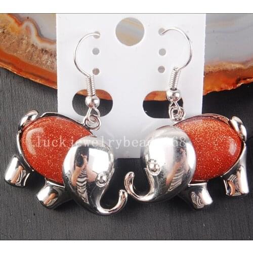 Free Shipping Women Fashion Jewelry Beautiful Goldstone Elephant Dangle Earrings Pair C4189