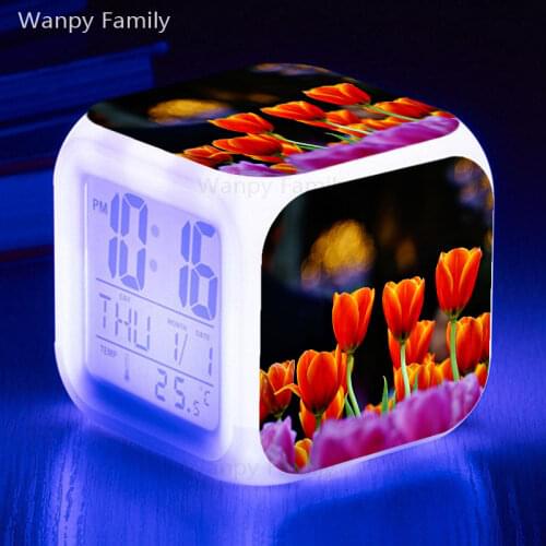 White tulip LED alarm clock 7 color changing multifunction digital alarm clock for childrens birthday gifts