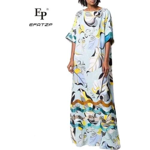 EFATZP Womens Bohemian Beach Loose Size Elongated Printed Elastic Knitted Dresses