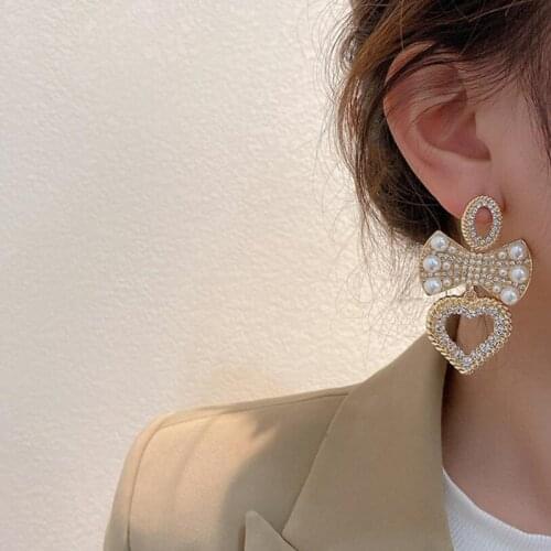 Exknl Fashion Long Big Drop Earrings for Women Korean Wedding Vintage Crystal Bowknot Love Pearl Shiny Earring Female Jewelry