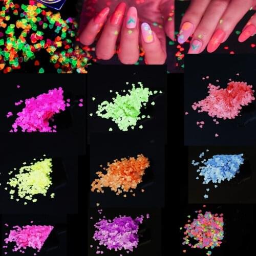5g Nail Art Sequins Heart Shaped Flakes 3D Glitter Holographic Art Glow In Dark Manicure Decor Fluorescence Luminous