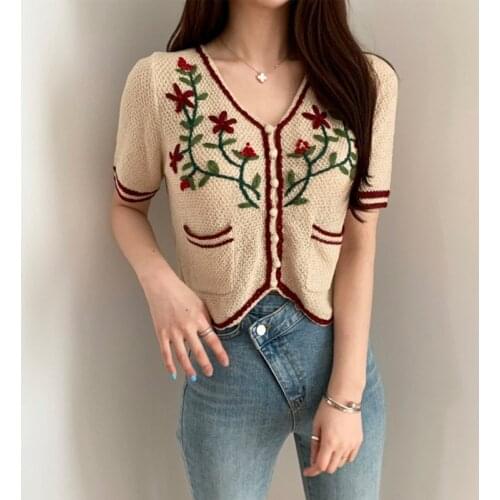 Embroidery CropTop Flower T Shirt Sexy Hot Erotic Womens Clothing Knitting Croptops Slim Tank Tops Korean Femme Cami Femme