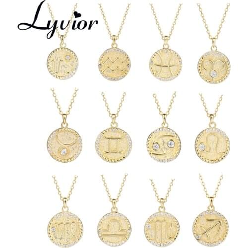 Lyvior 12 Zodiac Sign Pendant Necklace 925 Sterling Silver Horoscope Astrology Round Necklace for Women Constellation Jewelry