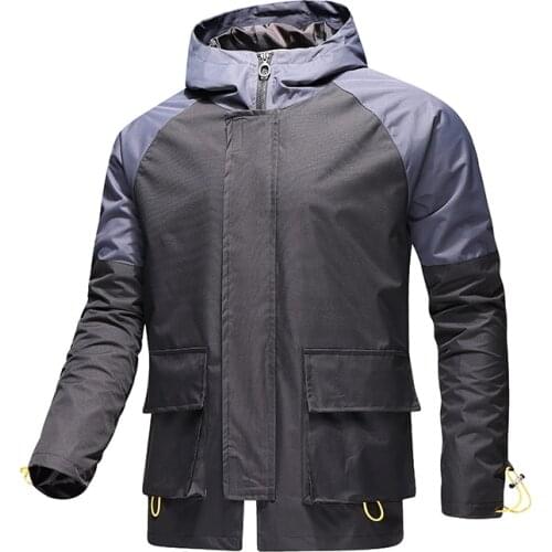 Mens Jacket Windbreaker Hooded Spring Thin Jacket for Men Waterproof Big Pockets Men Clothing Oversized Long Sleeve Pull Homme