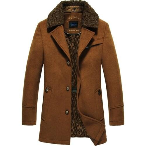 2019 Wool Winter Coat For Men Single-Breasted Fur Collar Men Pea Coats Casual Thick Warm Long Overcoat Men Sobretodo Hombre