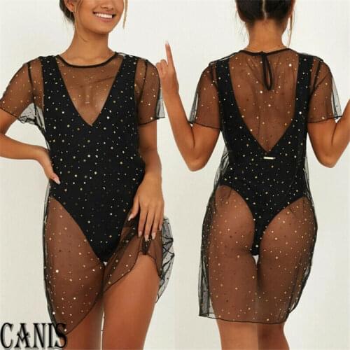 New 2020 Women Sexy Moon Star Sequin Mesh Bikini Cover Up Swimwear Bathing Suit Beach Dress