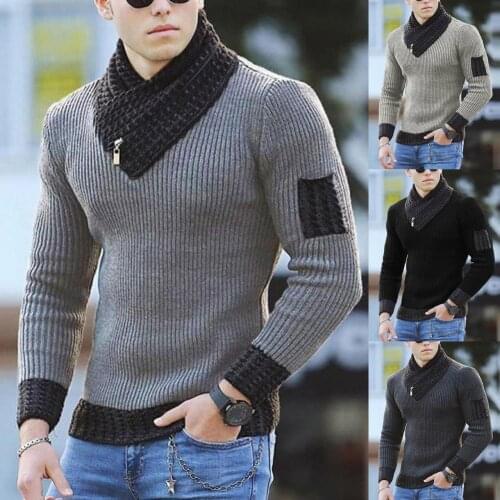 2021 New Long Sleeve Scarf Collar Men Sweater Soft Color Block Slim Casual Sweater Streetwear