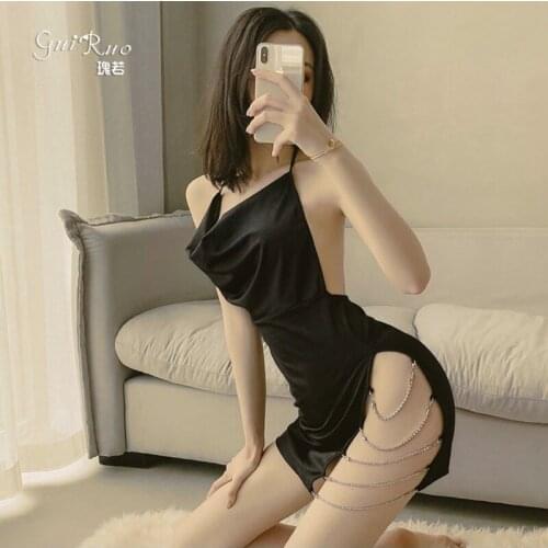 Sexy Lingerie Sexy Suit Skirt Black Halter Top Nightdress Cosplay Strap Open Crotch Exposed Deep V Breast Club Suit