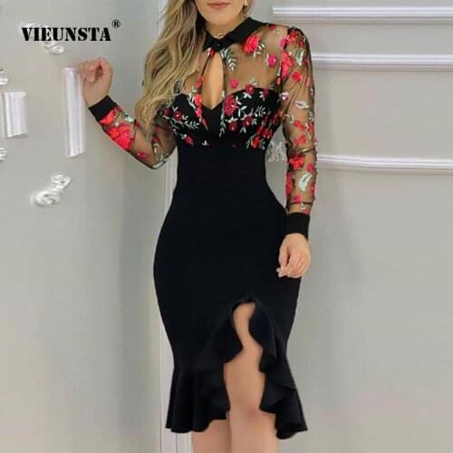 Sexy Mesh Hollow Out Patchwork Party Dress Elegant Floral Printed Split Bodycon Dresses Women See-Through Long Sleeve Midi Dress