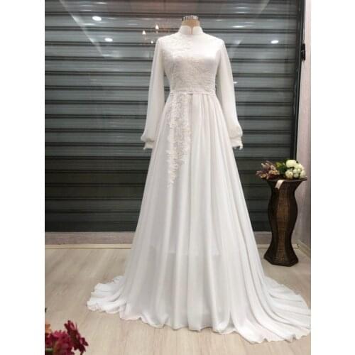 Chiffon Appliques Beaded Long Sleeve Muslim Evening Dress 2021 High Neck A Line Arabic Dubai Robe De Soire Formal Party Gowns