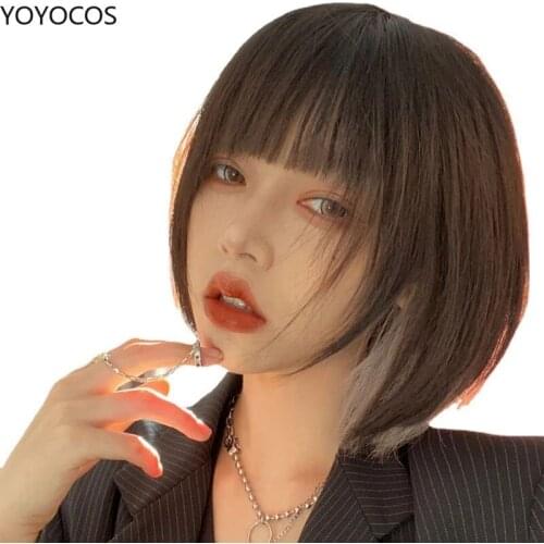 YOYOCOS Short Gray-black 35cm Wig Hairs Ombre Cosplay Wigs for Women Lisa Same Short Bob Hairstyle Heat Resistant Synthetic Wigs