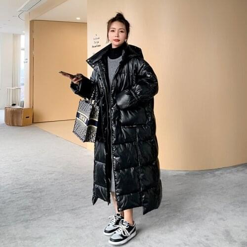 Womens Winter Jacket Laser Glossy Down Supper Long Korean Loose Thick 100% White Duck Hooded Big Size Solid Color Coat Female