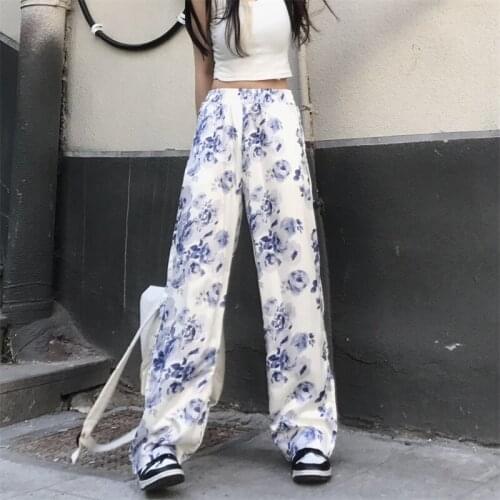 WomenS Wide Leg Pants Spring Fashion Print Design Chic Trousers Elegant Floral Girl Straight High Waist Sports Pants Jogger