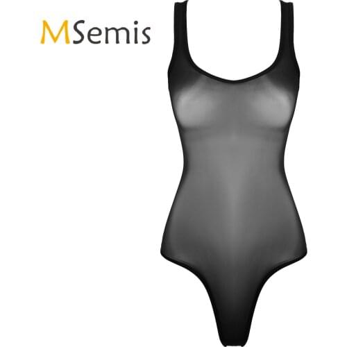 Womens Lingerie See-through Mesh Bodysuit Underwear Glossy Scoop Neck Sleeveless Leotard Costume for Lingerie Party Honeymoon