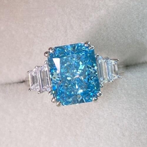 Ice Cut Simulated Moissanite Aquamarine Ring 100% 925 Sterling Silver Engagement Wedding Band Rings For Women Fine Jewelry