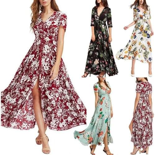 Summer Beach Maxi Dress V-neck Cotton Short Sleeve Holiday Casual Long Dress Floral Print Boho Split Party Dress Robe Femme