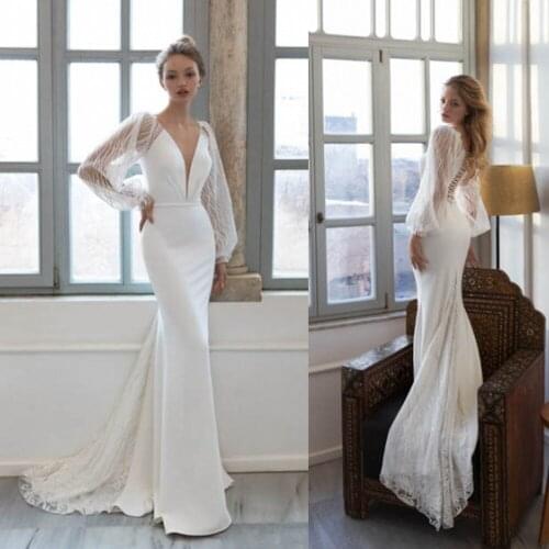2020 Mermaid Wedding Dresses V Neck Long Sleeves Lace Appliques Bridal Gowns Custom Made Sweep Train Beach Wedding Dress