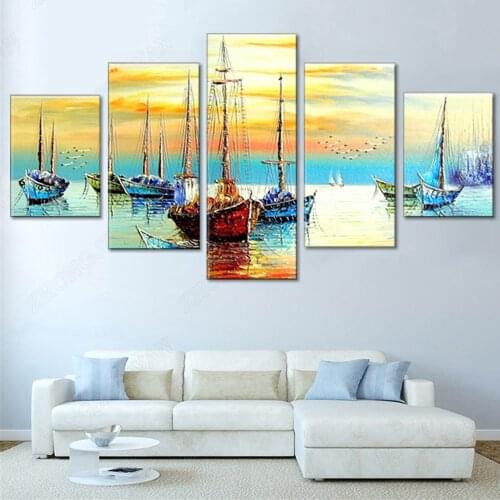 5 panels ship sailing sail landscape poster cloth painting picture oil on canvas print art picture for living room Interior deco