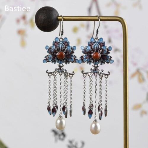 Bastiee Pearl Silver 925 Jewelry 925 Sterling Silver Earrings Dangle Earrings Vintage Inlaid Red Agate Korean Earrings Silver