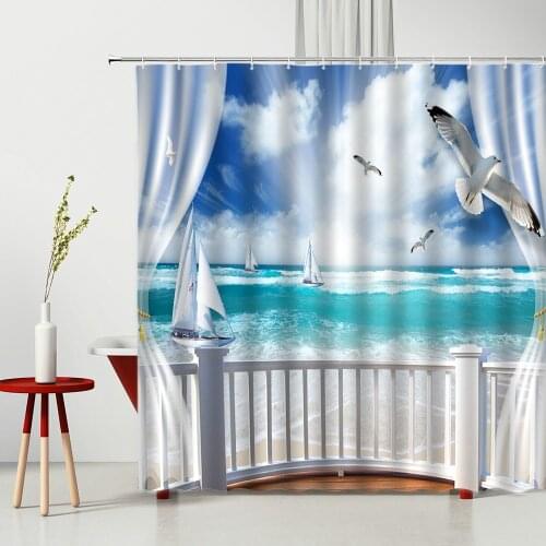 Scenery Bathroom Curtain Ocean Sailboat Seagull Beach Seaside Landscape Waterproof Polyester Shower Curtains Bath Accessories