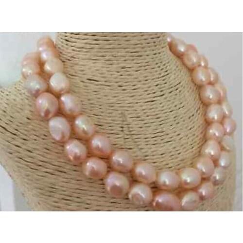 Two rows 12-13mm baroque gold pink pearl necklace 18"-19"