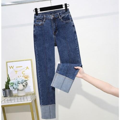 Lente Nieuwe Stretch Straight Vrouw Jeans Hoge Taille Patchwork Denim Vrouwelijke Enkellange Steek Broek Mujer Plus Size Manchet