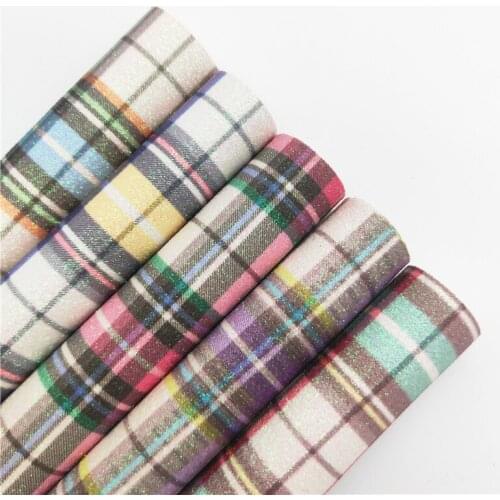 Tartan Plaids Printed Glitter Faux Leather Fabric Sheets Felt Backing Glitter Vinyl For Bows Bags Shoes DIY 21X29CM R194