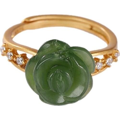 BOCAI New 100% Pure S925 Silver Jewelry gold-plated, Hetian Jasper Ring fashion elegant Rose Flower Woman Ring