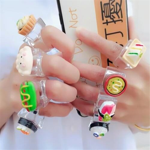 2021 New Product Fun Resin Acrylic Ring Personalized Food Play Wide Noodle Sushi Pizza Transparent Rings for Women Girls Jewelry