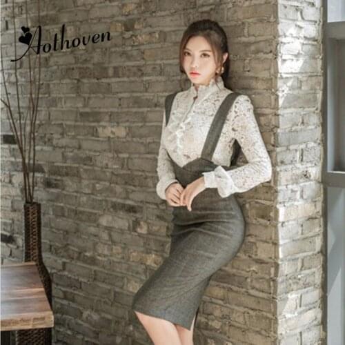 2 Piece Set Women Suit 2018 Autumn Long Sleeve White Lace Tops Shirts Blouse and Slim Pencil Overalls Skirts Crop Vestidos
