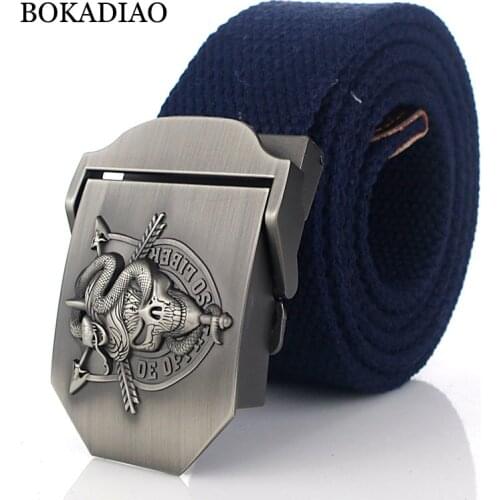 BOKADIAO Men&Women Military Canvas belt luxury cobra Skull Metal buckle jeans belt Army tactical belts for Male waistband strap