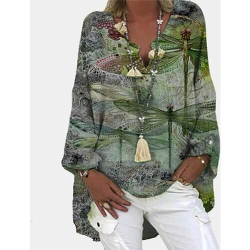 40# Cotton Linen Shirt Women Vintage Casual Plus Size Flora Printed Tunics Tops Long Sleeve Loose V-neck Shirt Блузка Женская