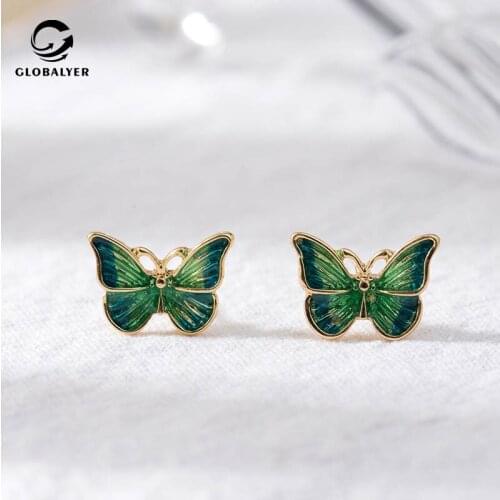 Tibetan Silver needle Metal Geometric shape earrings French drop oil painting wind Gentle smart butterfly earrings 169