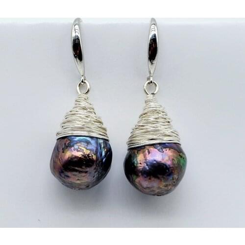 Baroque handmade earrings, large black pearls, sterling silver winding, fashion style, ladies earrings