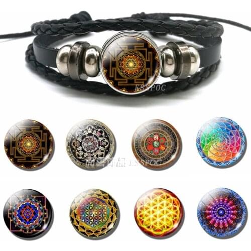 Tibetan Metatrons Cube Buddhist Mandala Bangle Glass Cabochon Jewelry Black Leather Button Braided Bracelets Gifts for Women