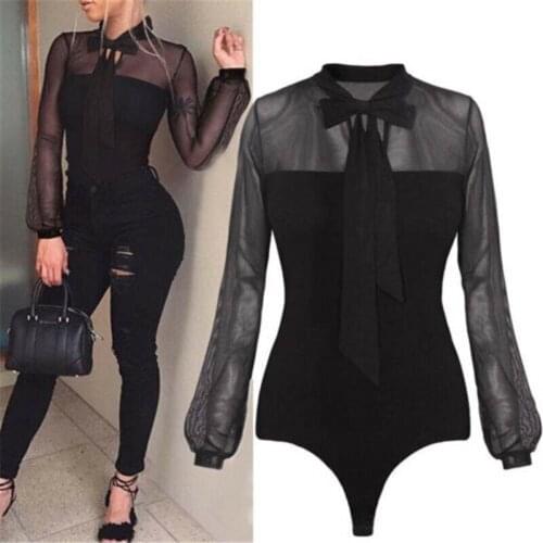 Womens Long Sleeve Shirt Romper Jumpsuit Bodysuit Stretch Leotard Tops Size Patchwork Translucent Tempting