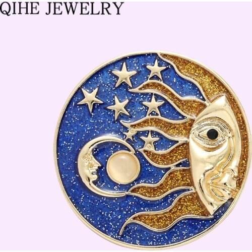 Rhinestone Sky Blue Star Moon Sun Star Galaxies Brooches for Women Fashion Badge Pins Starry Sky Planet Jewelry Gift Wholesale