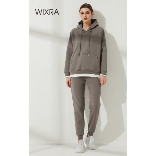 Wixra Autumn Womens Casual Hoodie Sets Thick Pullover Sweatshirts+Drawstring SweatPants Solid Loose Basic Winter Suits