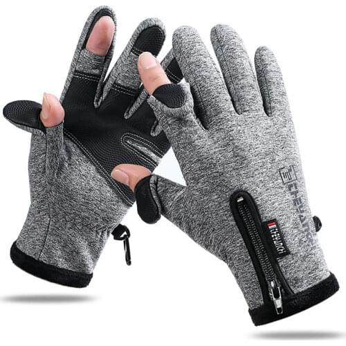 1Pair Outdoor Winter Fishing Gloves Exposed Two-finger Touch Screen Non-slip Waterproof Wrist Elastic Warm Fishing Gloves