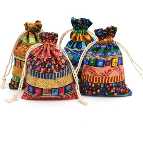 12pcs Egyptian Style Jewelry Packaging Pouch Print Drawstring Gift Bag Cotton Sachet Candy Ethnic Travel Purse Cotton Gift Bags