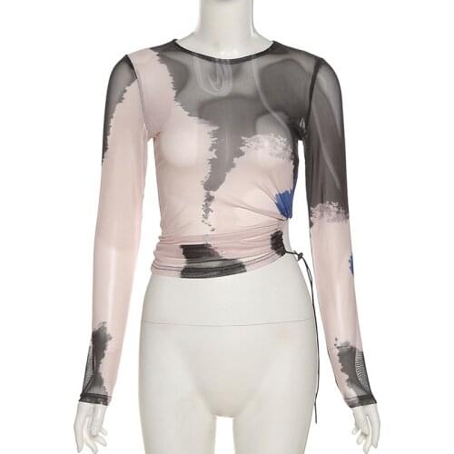 2021 Fashion Skinny Top For Womens Long Sleeve Print O Neck Mini Shirt Tops for Girls harajuku Style Of 90s