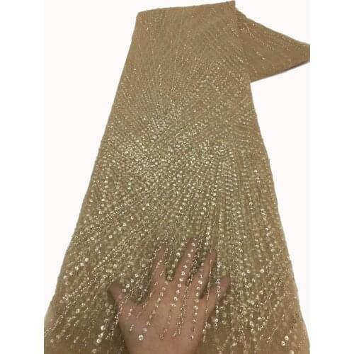 5yards/pc) High grade elegant gold African tulle lace sequins tube beads embroidered French net lace for party dress FZX111