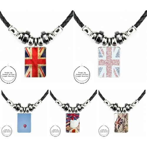 Great Britain Gb British Flag England Black Leather Bead Pendant With Glass Cabochon Choker Long Pendant Necklace For Kids Beads