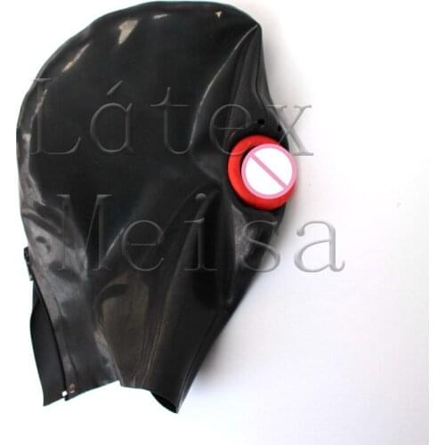 0.6mm thickness heavy black color exotic latex hoods with mouth condom open nostrils with back zip for adults